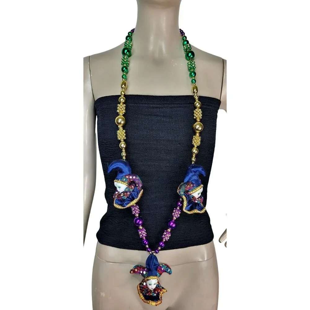 VTG Porcelain Jester Hand Painted Colorful Mardi Gras Beads Sequins Necklace NEW